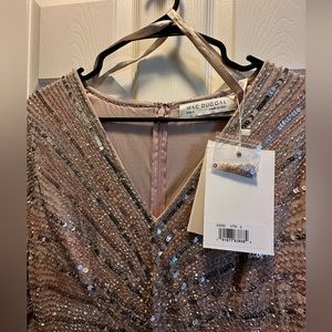 Mac Duggal Sequin Twist Waist V-Neck Flutter Short Sleeve Sheath Gown